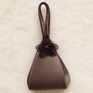 Moni Couture Womens Brown Satin Pyramid Wristlet Evening Bag Floral Accent Italy
